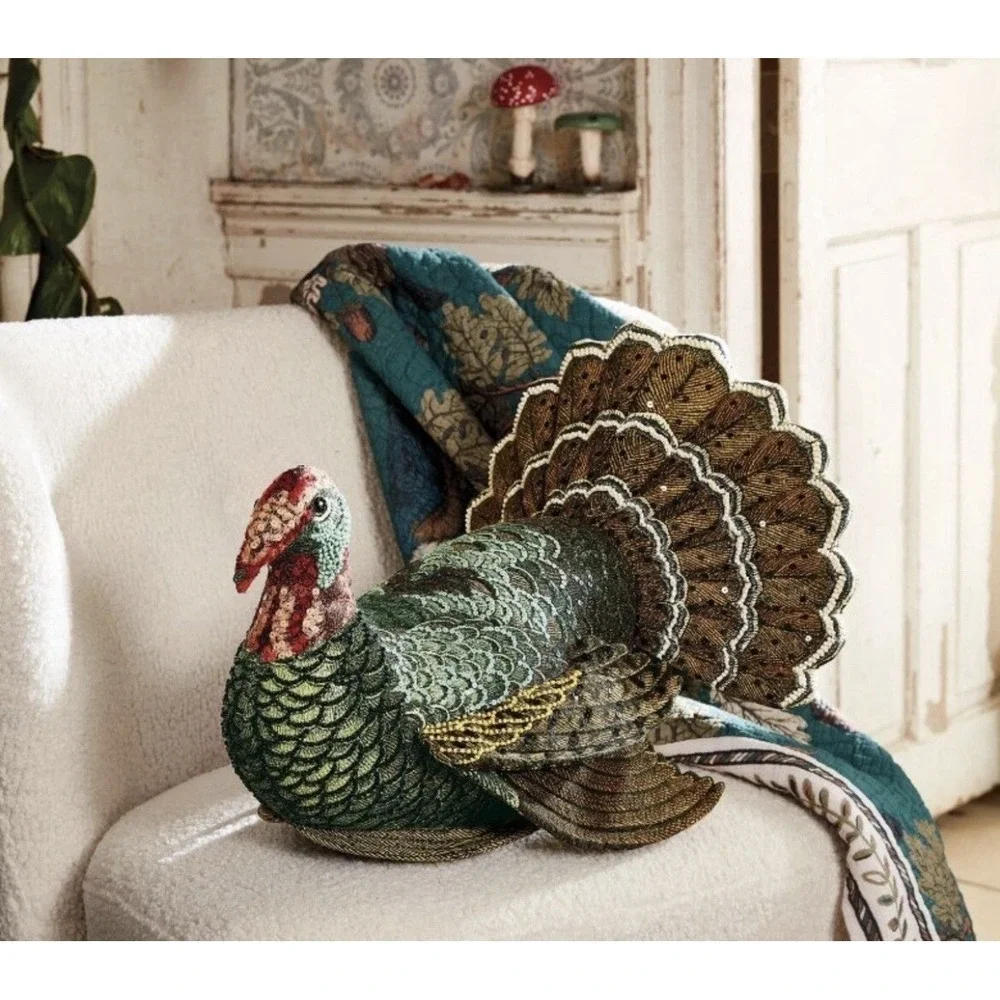 John Derian x Target Beaded Fall Turkey Pillow Thanksgiving Decor NWT NEW 16x15